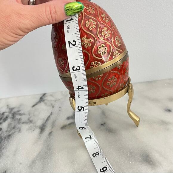 Vintage | MCM Heavy Brass Red Cloisonné Enamel Egg Trinket Case Stand Faberge - Picture 9 of 12